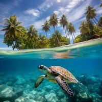 ai gegenereerd reis, zomer vakantie. onderwater- fotografie van een zee schildpad, eiland met palm bomen. foto