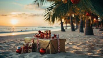 ai gegenereerd generatief ai, Kerstmis Aan de strand. geschenken, Kerstmis boom, palm, oceaan en stoelen. vakantie concept foto