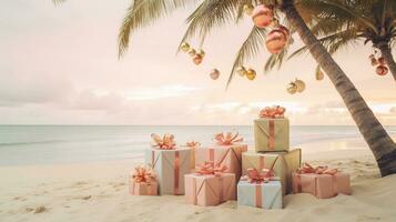 ai gegenereerd generatief ai, Kerstmis Aan de strand. geschenken, Kerstmis boom, palm, oceaan en stoelen. vakantie concept foto