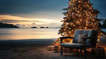 ai gegenereerd generatief ai, Kerstmis Aan de strand. geschenken, Kerstmis boom, palm, oceaan en stoelen. vakantie concept foto