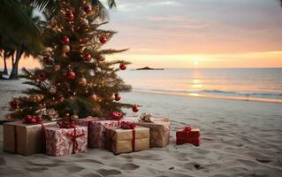 ai gegenereerd generatief ai, Kerstmis Aan de strand. geschenken, Kerstmis boom, palm, oceaan en stoelen. vakantie concept foto
