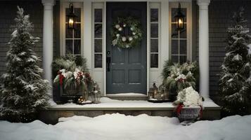 ai gegenereerd generatief ai, voorkant deur met Kerstmis decoratie, krans en guirlande, gedempt kleuren, huisje rustiek deuropening foto