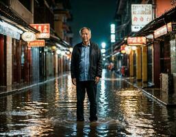 ai gegenereerd foto van gelukkig mooi jong tiener- minnaar paar Aziatisch Bij Chinatown straat Bij nacht, generatief ai