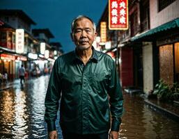 ai gegenereerd foto van gelukkig mooi jong tiener- minnaar paar Aziatisch Bij Chinatown straat Bij nacht, generatief ai