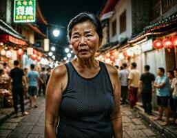 foto van senior oud vrouw met boos humeur in China lokaal straat markt Bij nacht, generatief ai