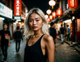 foto van mooi jong meisje in China lokaal straat markt Bij nacht, generatief ai