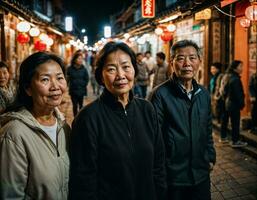 foto van senior oud vrouw met vrienden in China lokaal straat markt Bij nacht, generatief ai