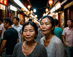 foto van senior oud vrouw met vrienden in China lokaal straat markt Bij nacht, generatief ai