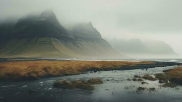 ai gegenereerd generatief ai, IJsland mooi mistig wild landschap met bergen, esthetisch gedempt kleuren, foto