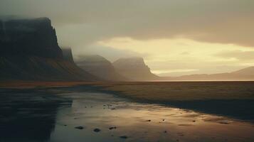 ai gegenereerd generatief ai, IJsland mooi mistig wild landschap met bergen, esthetisch gedempt kleuren, foto