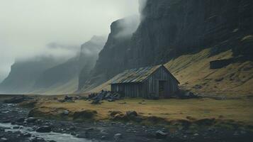 ai gegenereerd generatief ai, IJsland mooi mistig wild landschap met bergen, esthetisch gedempt kleuren, foto