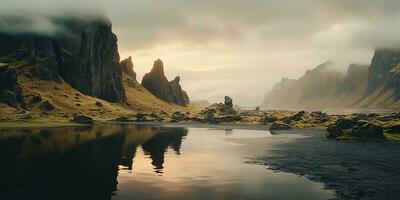 ai gegenereerd generatief ai, IJsland mooi mistig wild landschap met bergen, esthetisch gedempt kleuren, foto