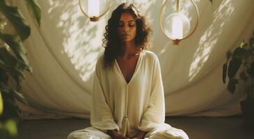 ai gegenereerd generatief ai, vrouw aan het doen meditatie, esthetisch gedempt beige kleuren foto