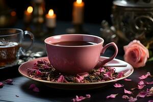 kop van aromatisch thee met vers rozen bloemen Aan de tafel. biologisch en natuurlijk, kruiden heet gezond drank. ai generatief foto