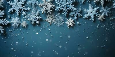 Kerstmis vlak leggen banier met sneeuw, sneeuwvlokken, mooi macro schot Aan de donker marine blauw achtergrond. ai generatief foto
