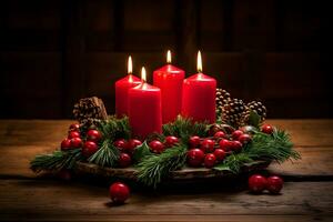 vier rood brandend kaarsen voor Duitse komst seizoen. Kerstmis krans decoratie Aan donker achtergrond. ai generatief foto