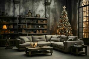 ai generatief, elegant interieur van leven kamer met versierd Kerstmis boom, luxe leven kamer nieuw jaar foto