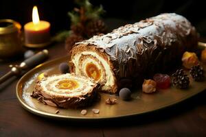 ai gegenereerd klassiek yule log een feestelijk traktatie Kerstmis taart gerold en versierd voor een verrukkelijk viering ai gegenereerd foto