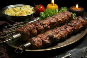 sappig spies seekh kebab een watertanden mengsel van specerijen en gegrild goedheid ai gegenereerd foto