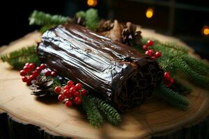 ai gegenereerd klassiek yule log een feestelijk traktatie Kerstmis taart gerold en versierd voor een verrukkelijk viering ai gegenereerd foto