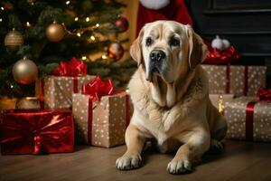 ai gegenereerd Kerstmis festiviteiten met een lief hond vieren met feestelijk decoraties en vakantie vreugde ai gegenereerd foto