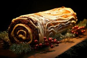 ai gegenereerd klassiek yule log een feestelijk traktatie Kerstmis taart gerold en versierd voor een verrukkelijk viering ai gegenereerd foto