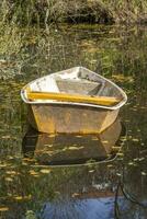 deze foto's shows een boot Aan een klein vijver met reflecties in een boeren dorp in Duitsland foto