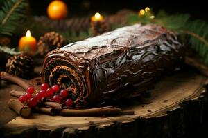 ai gegenereerd klassiek yule log een feestelijk traktatie Kerstmis taart gerold en versierd voor een verrukkelijk viering ai gegenereerd foto