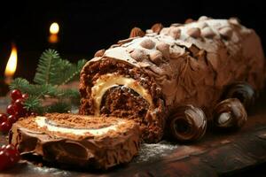 ai gegenereerd klassiek yule log een feestelijk traktatie Kerstmis taart gerold en versierd voor een verrukkelijk viering ai gegenereerd foto