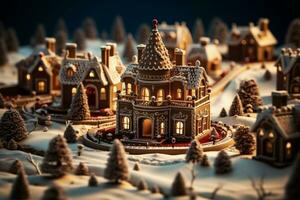 ai gegenereerd Kerstmis peperkoek huis magisch fee verhaal kasteel in besneeuwd winter van suikerachtig dromen ai gegenereerd foto