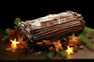 ai gegenereerd klassiek yule log een feestelijk traktatie Kerstmis taart gerold en versierd voor een verrukkelijk viering ai gegenereerd foto