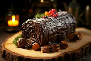 ai gegenereerd klassiek yule log een feestelijk traktatie Kerstmis taart gerold en versierd voor een verrukkelijk viering ai gegenereerd foto