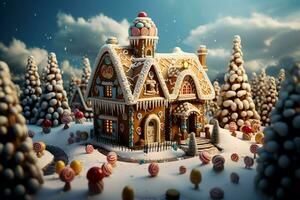 ai gegenereerd Kerstmis peperkoek huis magisch fee verhaal kasteel in besneeuwd winter van suikerachtig dromen ai gegenereerd foto