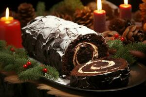 ai gegenereerd klassiek yule log een feestelijk traktatie Kerstmis taart gerold en versierd voor een verrukkelijk viering ai gegenereerd foto