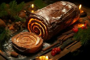 ai gegenereerd klassiek yule log een feestelijk traktatie Kerstmis taart gerold en versierd voor een verrukkelijk viering ai gegenereerd foto