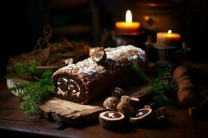 ai gegenereerd klassiek yule log een feestelijk traktatie Kerstmis taart gerold en versierd voor een verrukkelijk viering ai gegenereerd foto