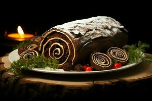 ai gegenereerd klassiek yule log een feestelijk traktatie Kerstmis taart gerold en versierd voor een verrukkelijk viering ai gegenereerd foto