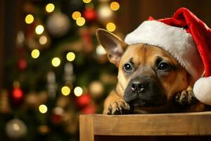 ai gegenereerd Kerstmis festiviteiten met een lief hond vieren met feestelijk decoraties en vakantie vreugde ai gegenereerd foto