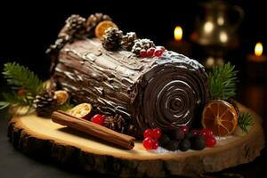 ai gegenereerd klassiek yule log een feestelijk traktatie Kerstmis taart gerold en versierd voor een verrukkelijk viering ai gegenereerd foto