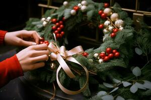 ai gegenereerd rustiek Kerstmis krans ornamenten een baken van kersttijd charme ai gegenereerd foto