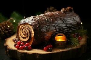 ai gegenereerd klassiek yule log een feestelijk traktatie Kerstmis taart gerold en versierd voor een verrukkelijk viering ai gegenereerd foto