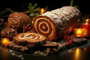 ai gegenereerd klassiek yule log een feestelijk traktatie Kerstmis taart gerold en versierd voor een verrukkelijk viering ai gegenereerd foto