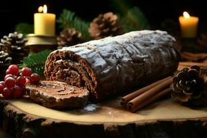 ai gegenereerd klassiek yule log een feestelijk traktatie Kerstmis taart gerold en versierd voor een verrukkelijk viering ai gegenereerd foto