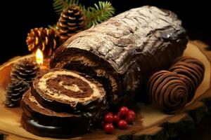 ai gegenereerd klassiek yule log een feestelijk traktatie Kerstmis taart gerold en versierd voor een verrukkelijk viering ai gegenereerd foto