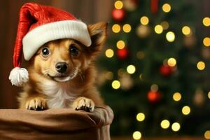 ai gegenereerd Kerstmis festiviteiten met een lief hond vieren met feestelijk decoraties en vakantie vreugde ai gegenereerd foto
