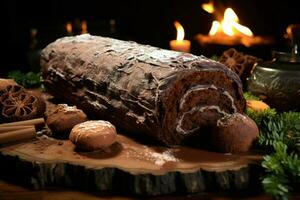 ai gegenereerd klassiek yule log een feestelijk traktatie Kerstmis taart gerold en versierd voor een verrukkelijk viering ai gegenereerd foto