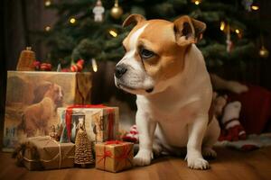 ai gegenereerd Kerstmis festiviteiten met een lief hond vieren met feestelijk decoraties en vakantie vreugde ai gegenereerd foto