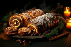 ai gegenereerd klassiek yule log een feestelijk traktatie Kerstmis taart gerold en versierd voor een verrukkelijk viering ai gegenereerd foto