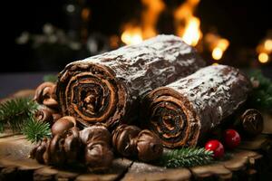 ai gegenereerd klassiek yule log een feestelijk traktatie Kerstmis taart gerold en versierd voor een verrukkelijk viering ai gegenereerd foto