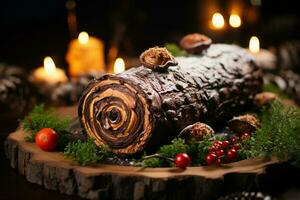 ai gegenereerd klassiek yule log een feestelijk traktatie Kerstmis taart gerold en versierd voor een verrukkelijk viering ai gegenereerd foto